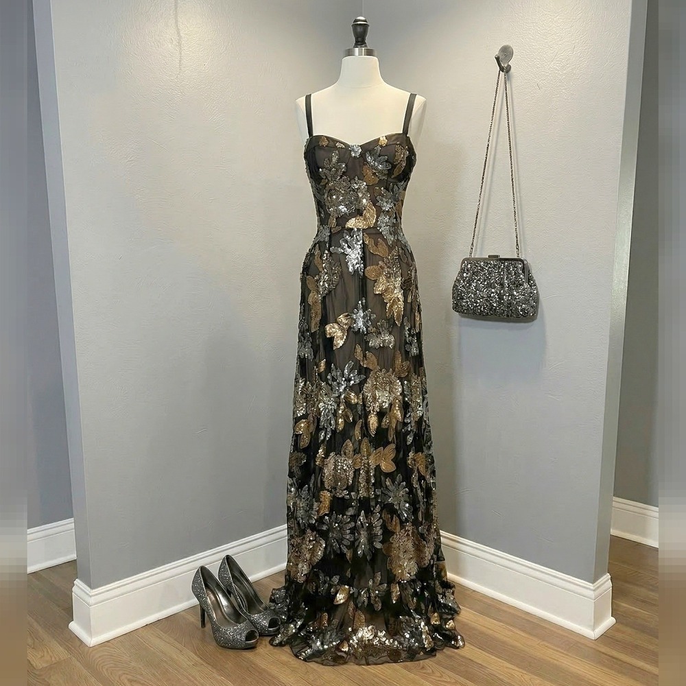 Dress The Population Anabel Maxi Dress Sequin‎ Gold Silver SMALL Prom Formal